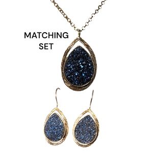 Sterling Silver & Faux Blue Druzy Matching Earrings & Necklace Set